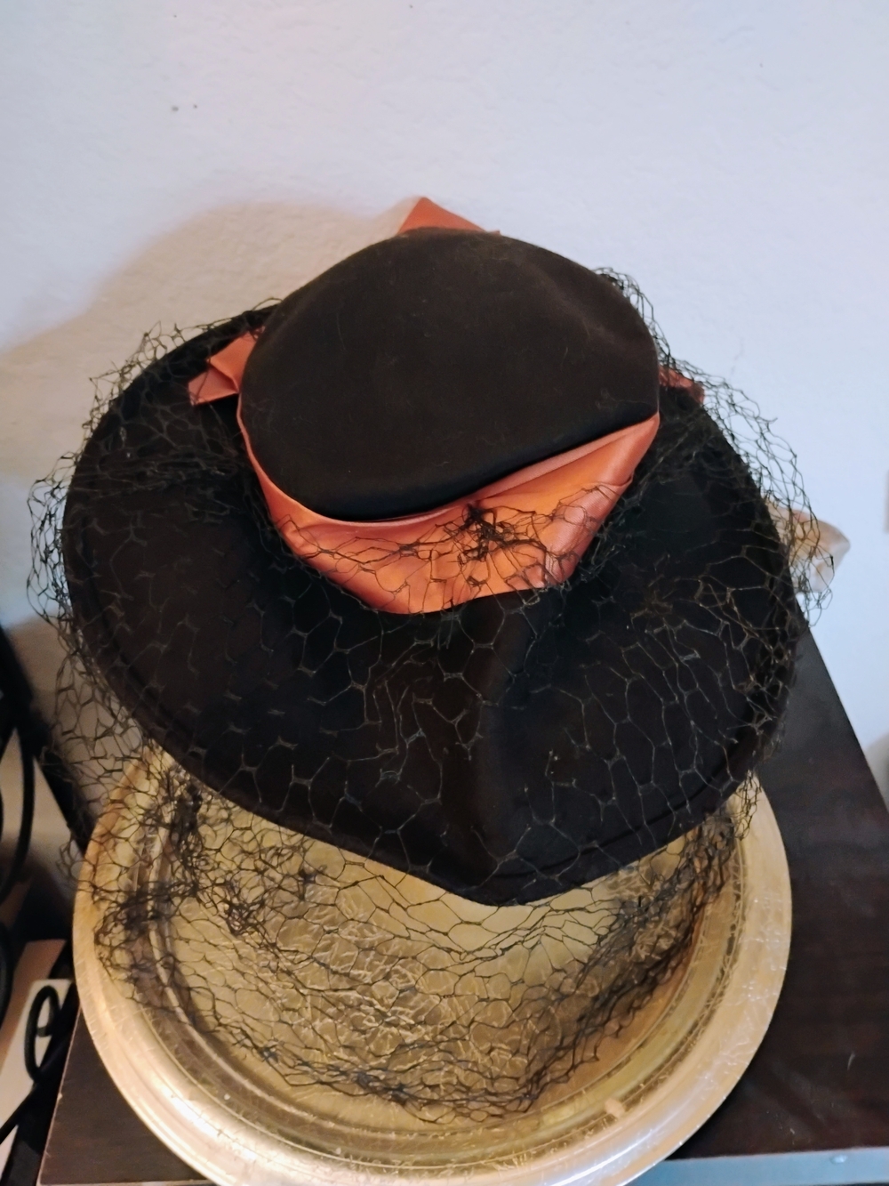 Vintage Merrimac Black Veiled Cocktail Hat with Copper Satin Accent 94% Wool